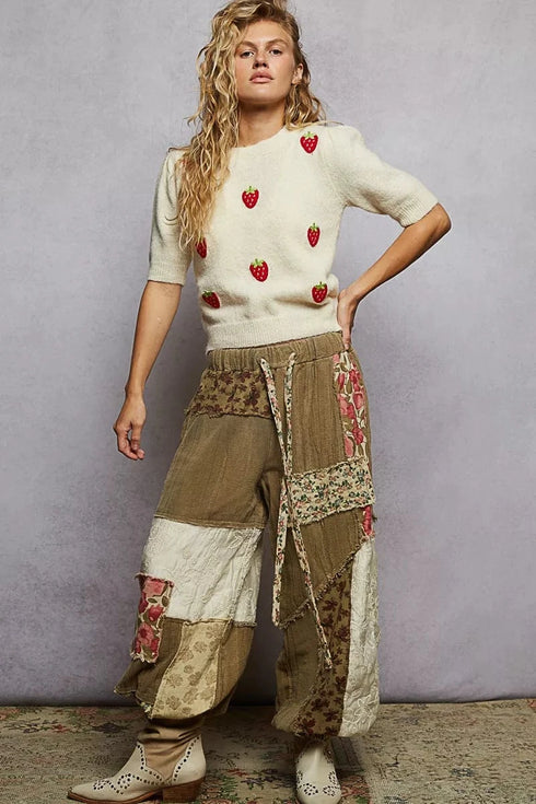 POL Round Neck Strawberry Patch Sweater with Shirring Shoulder - Fashorio