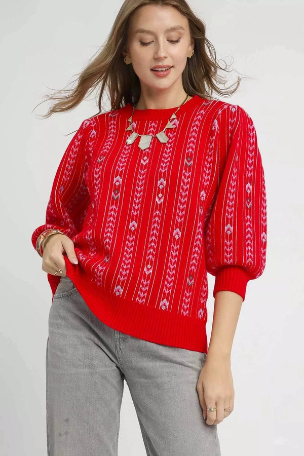 Umgee Jacquard Knit Puff Sleeve Sweater Red - Fashorio