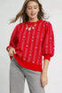 Umgee Jacquard Knit Puff Sleeve Sweater Red - Fashorio