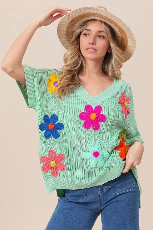 BiBi Flower Patches Dolman Sleeve Lightweight Sweater SAGE - Fashorio