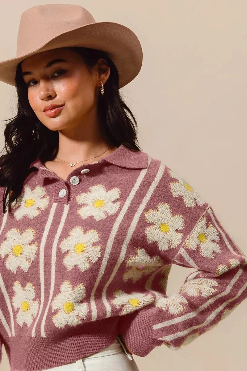 SO ME Floral Stripe Polo Collar Sweater - Fashorio