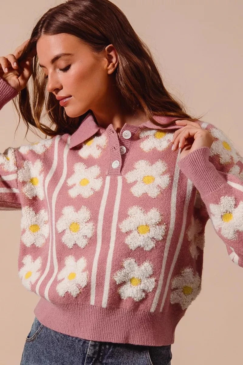 SO ME Floral Stripe Polo Collar Sweater - Fashorio