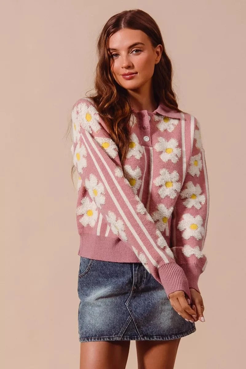 SO ME Floral Stripe Polo Collar Sweater - Fashorio