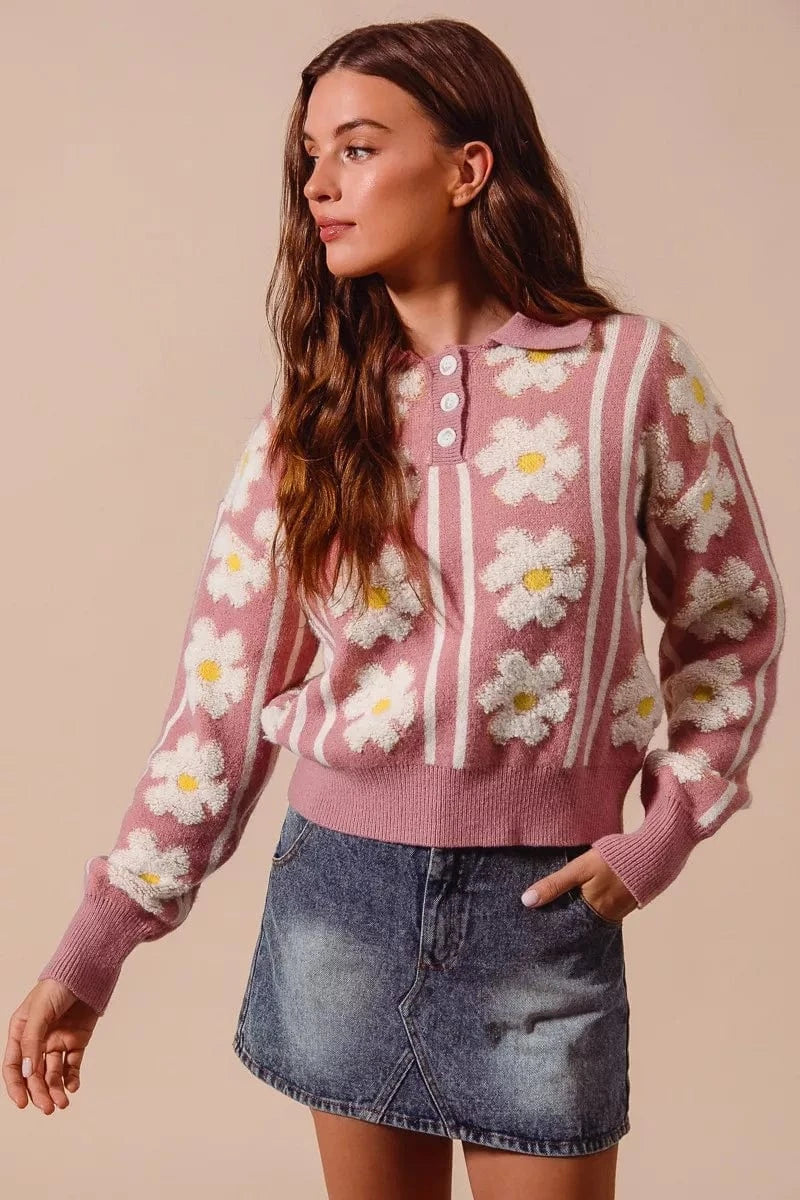 SO ME Floral Stripe Polo Collar Sweater - Fashorio
