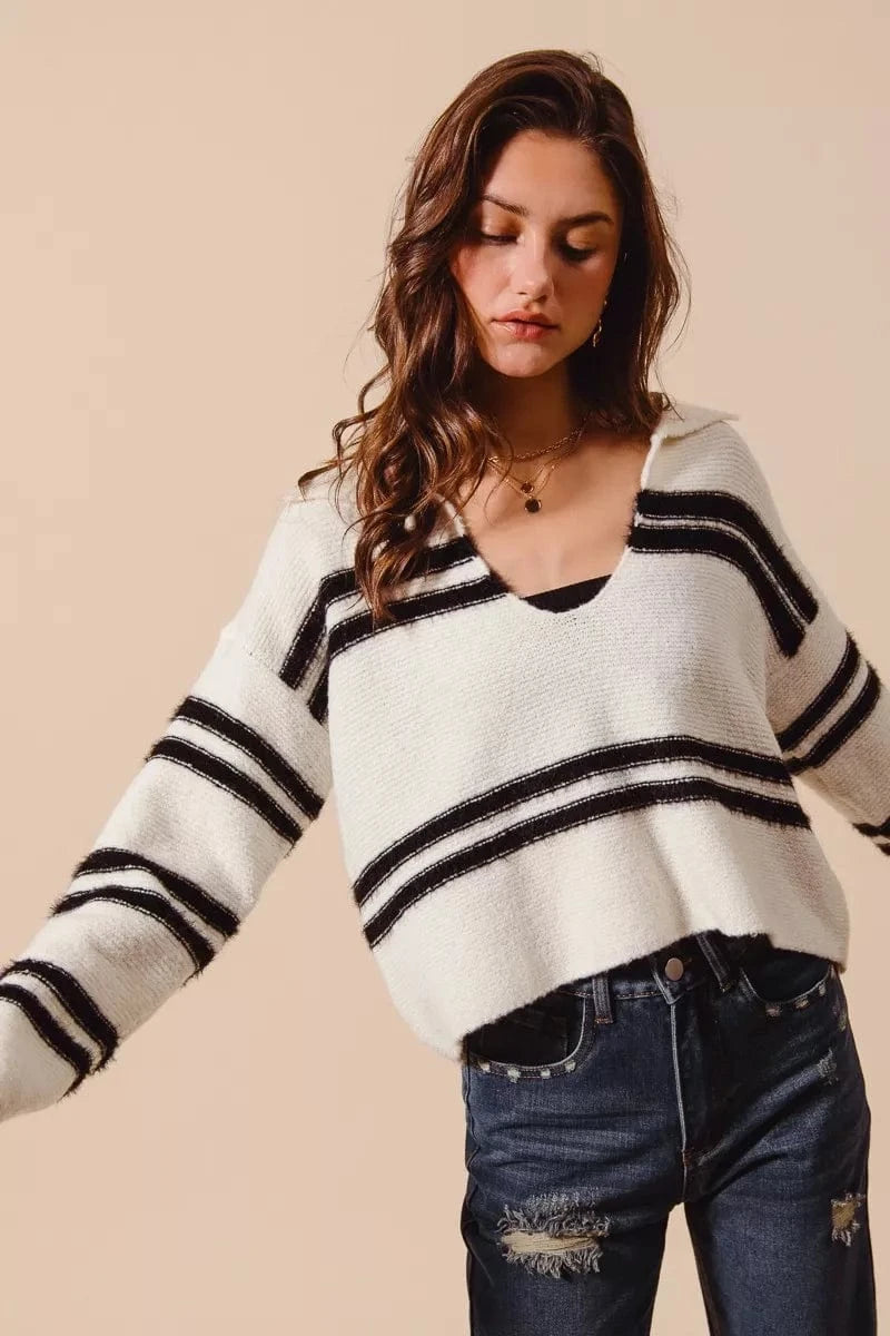 SO ME Fuzzy Hairy Stripe Deep U Neck Sweater - Fashorio