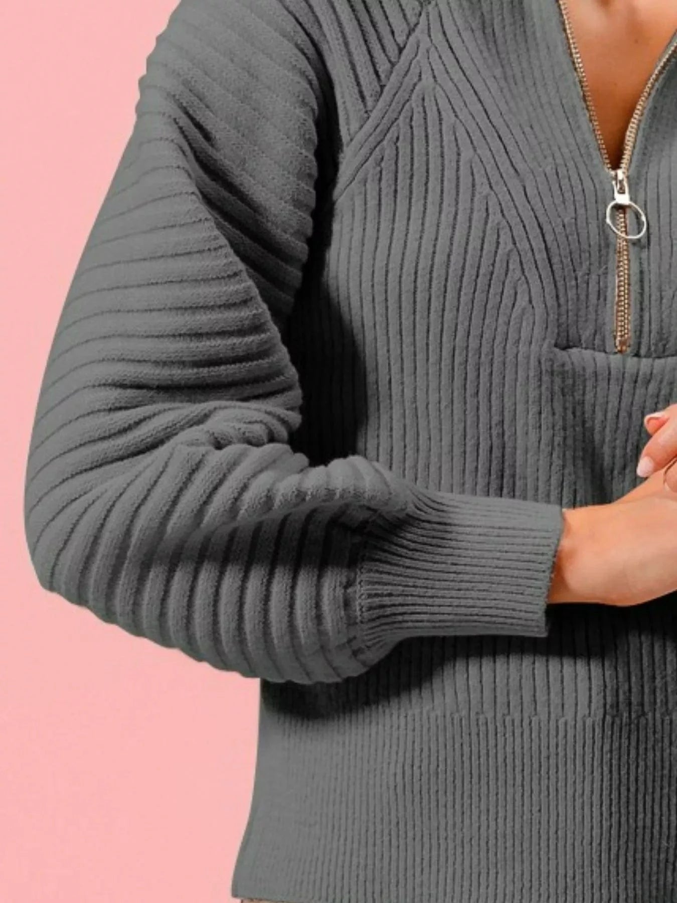 SO ME Half Zip Raglan Balloon Sleeves Ribbed Sweater - Fashorio