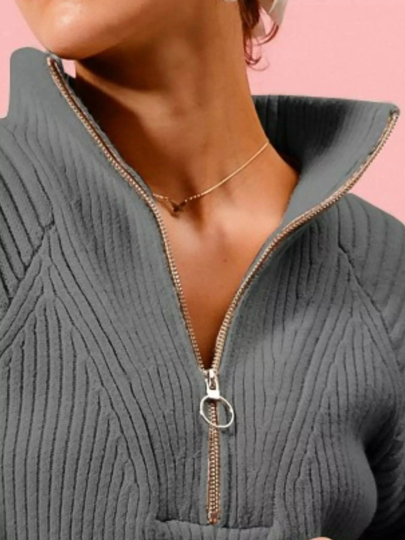 SO ME Half Zip Raglan Balloon Sleeves Ribbed Sweater - Fashorio