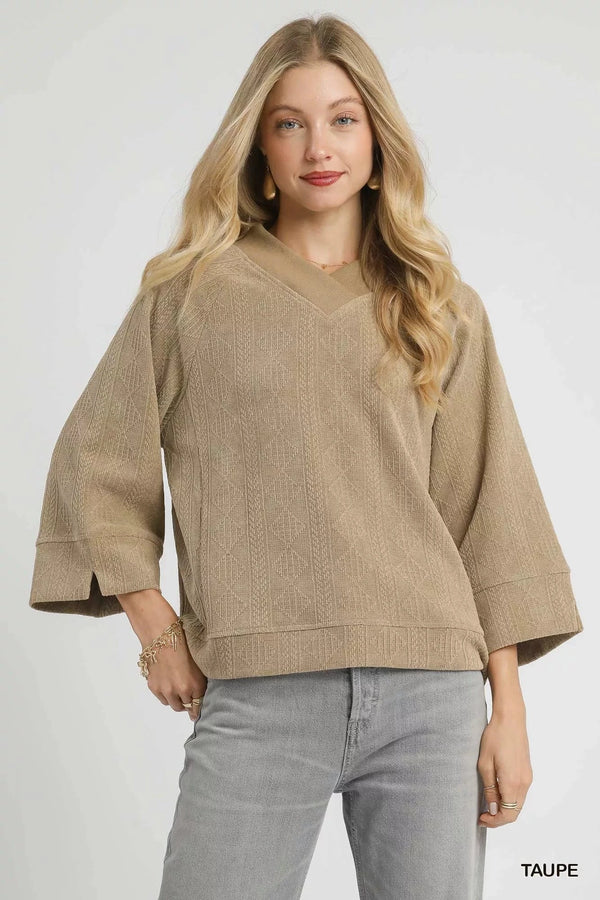 Umgee Textured Knit V-Neck Top Taupe - Fashorio