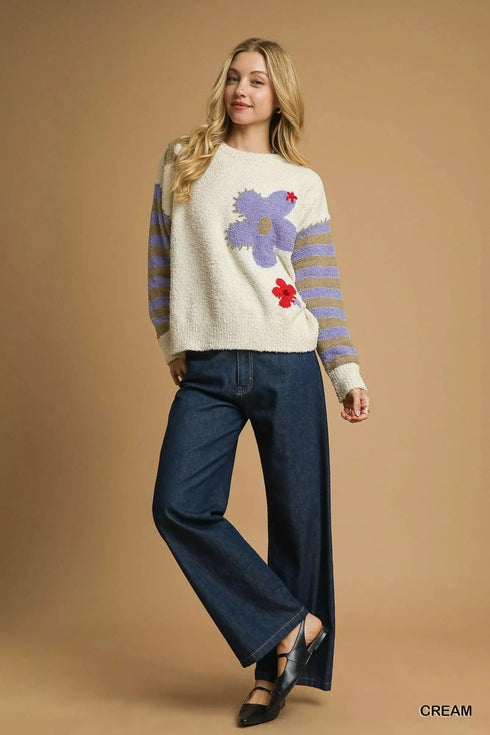Umgee Flower Jacquard Striped Long Sleeve Sweater - Fashorio