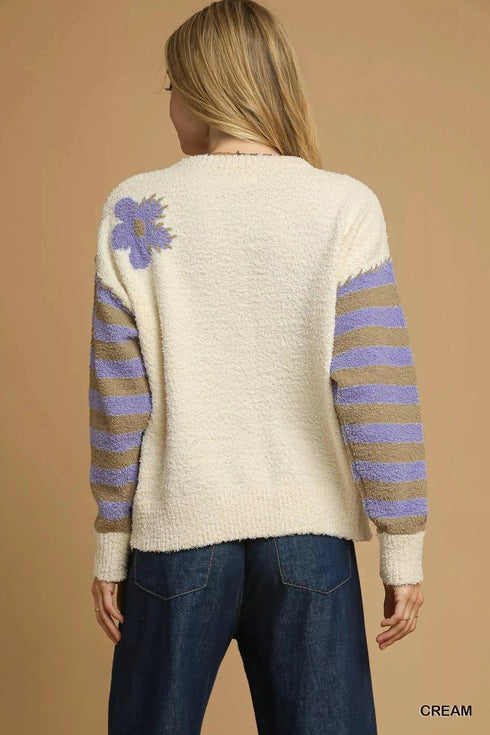 Umgee Flower Jacquard Striped Long Sleeve Sweater - Fashorio