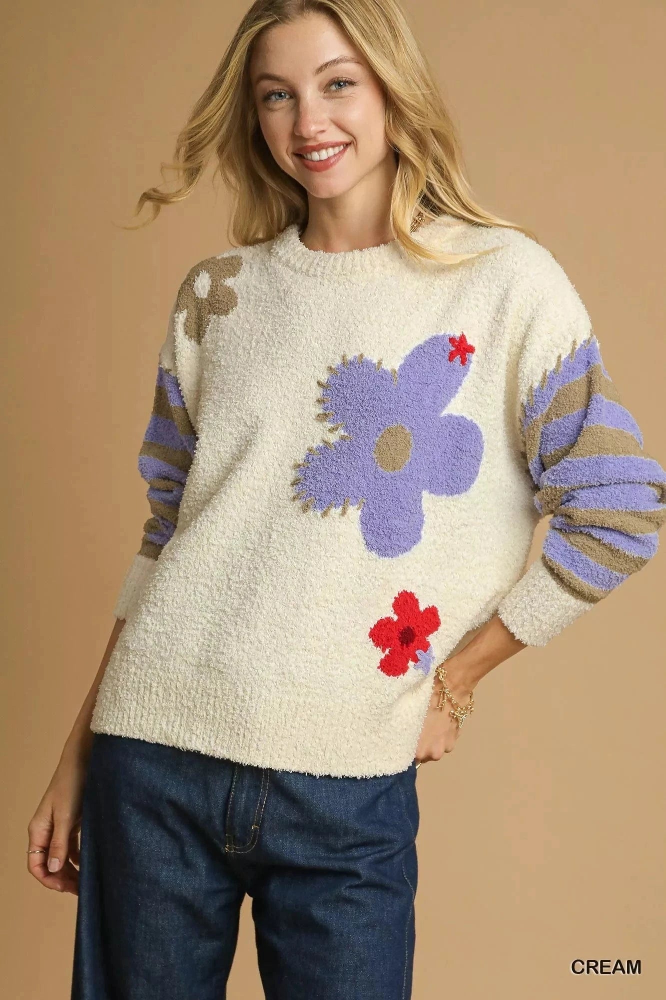 Umgee Flower Jacquard Striped Long Sleeve Sweater - Fashorio