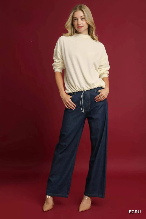 Umgee Ribbed Drawstring Hem Knit Top - Fashorio