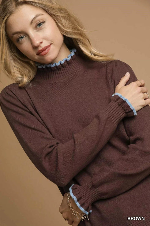 Umgee Ribbed Round Neck Sweater with Ruffle Contrast Trim - Fashorio