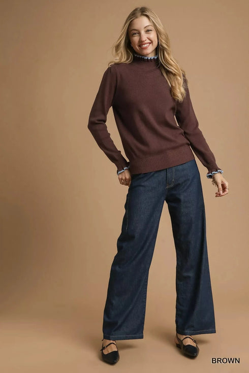 Umgee Ribbed Round Neck Sweater with Ruffle Contrast Trim - Fashorio