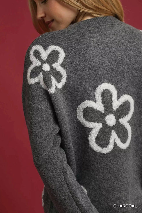 Umgee Round Neck Sweater with Floral Accents - Fashorio