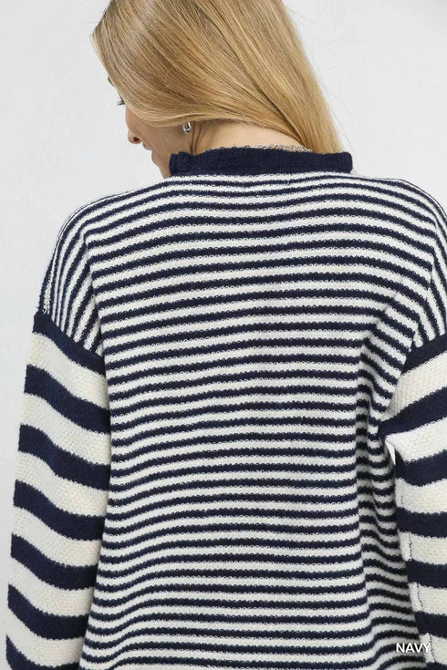 Umgee Ruffle Neck Stripe Sweater - Fashorio