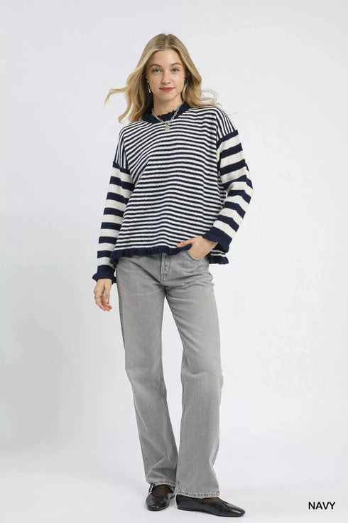 Umgee Ruffle Neck Stripe Sweater - Fashorio