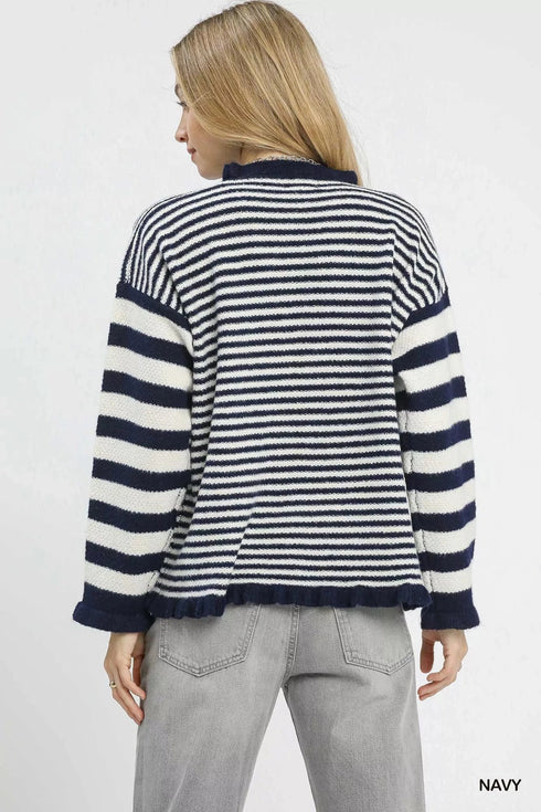 Umgee Ruffle Neck Stripe Sweater - Fashorio