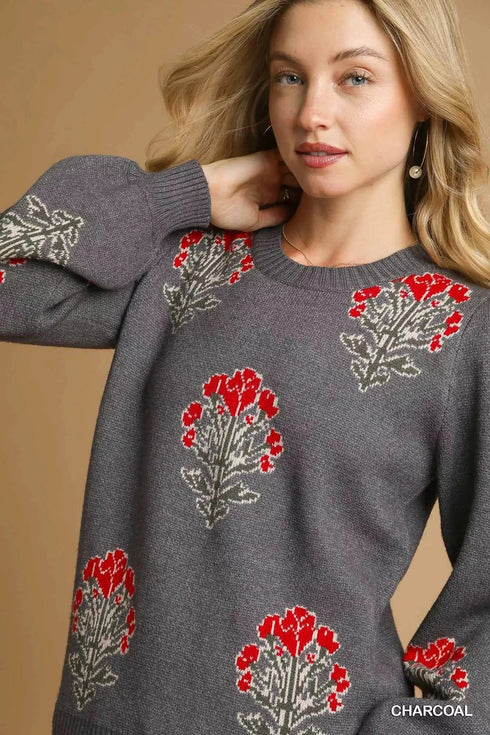 Umgee Single Flower Stem Jacquard Sweater - Fashorio