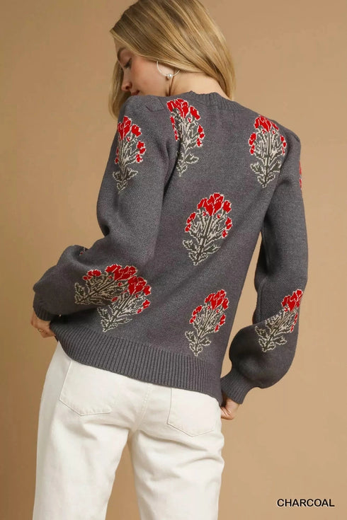 Umgee Single Flower Stem Jacquard Sweater - Fashorio