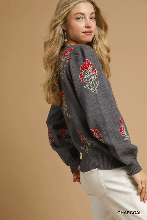 Umgee Single Flower Stem Jacquard Sweater - Fashorio