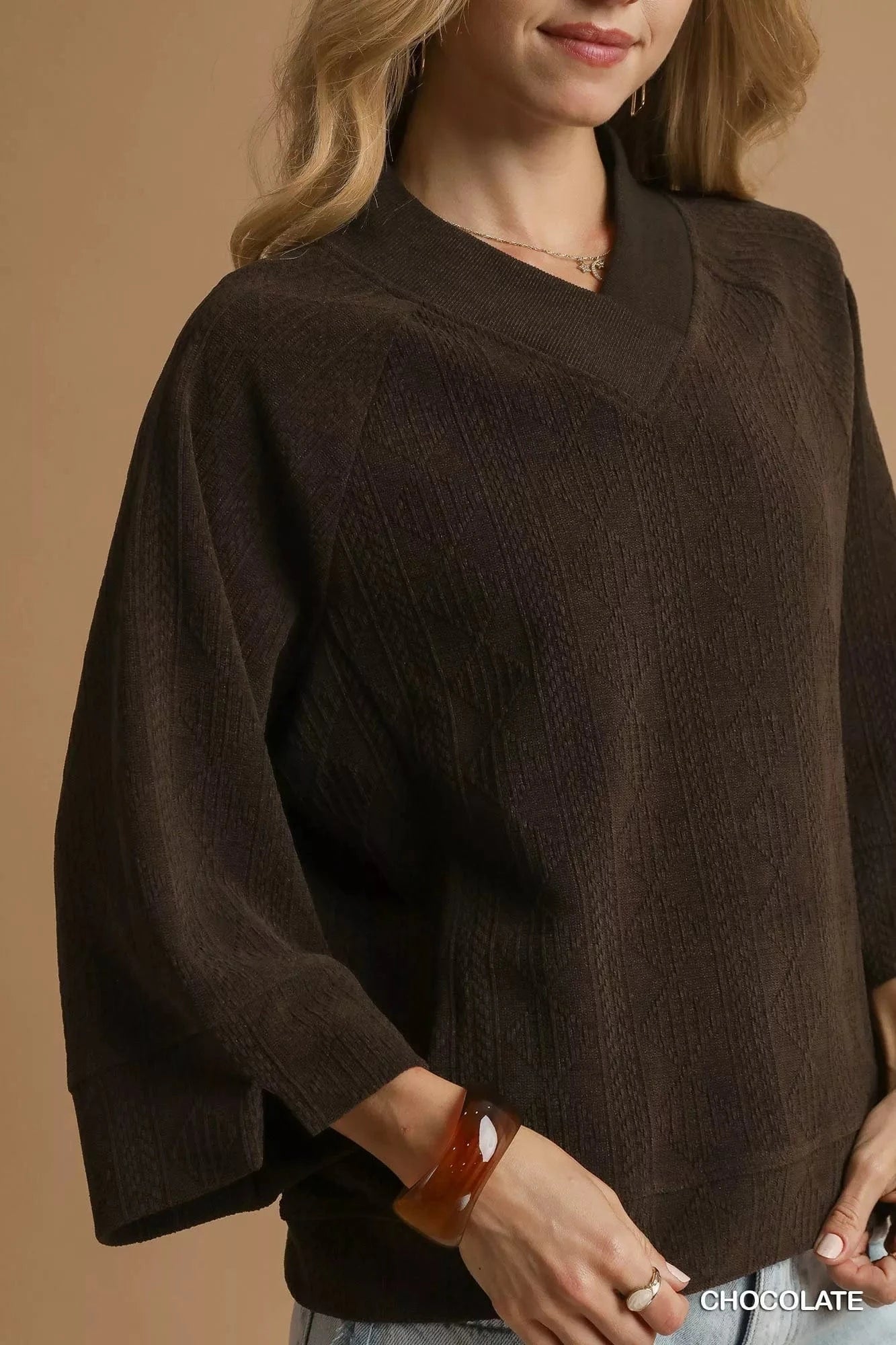 Umgee Textured Knit V-Neck Top - Fashorio