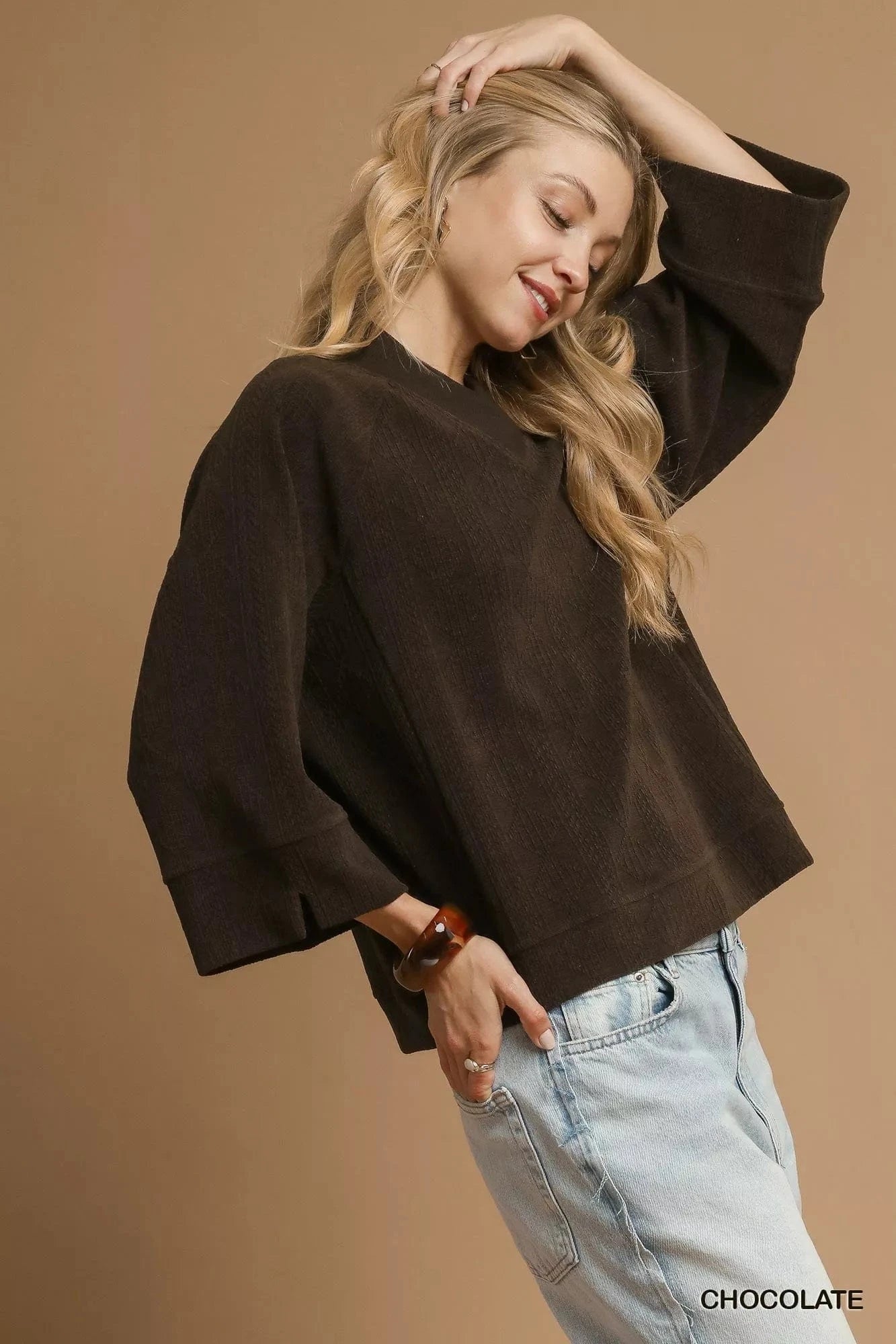 Umgee Textured Knit V-Neck Top - Fashorio
