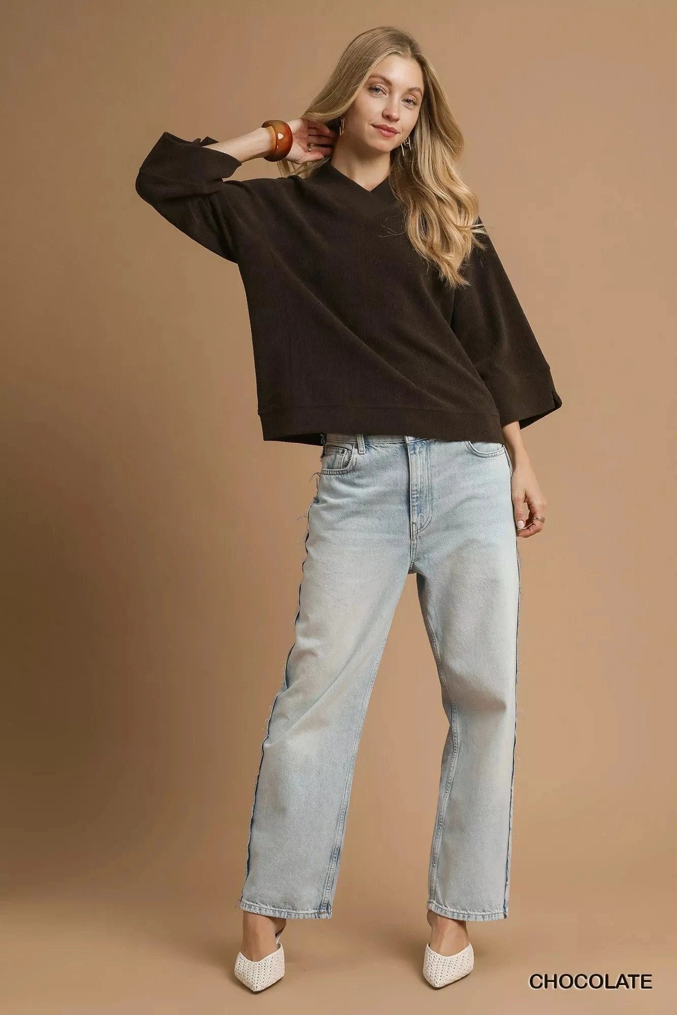 Umgee Textured Knit V-Neck Top - Fashorio
