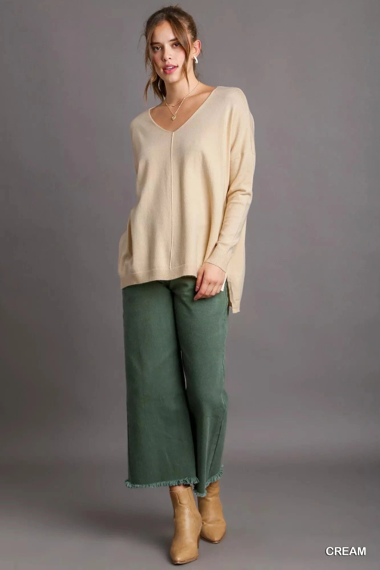 Umgee V-Neck High Low Hem Knit Top with Side Slit - Fashorio