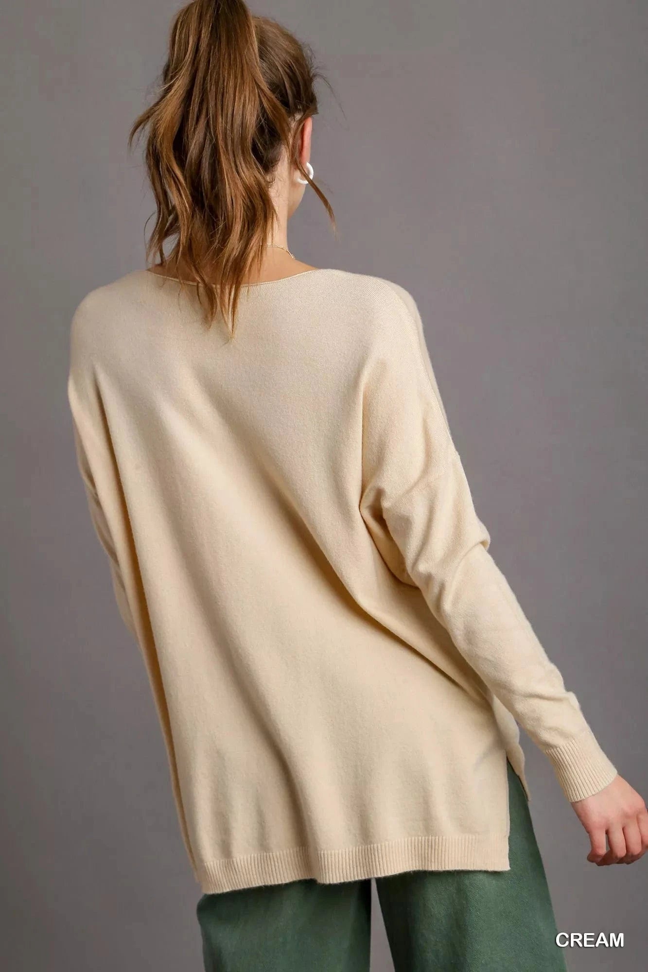 Umgee V-Neck High Low Hem Knit Top with Side Slit - Fashorio