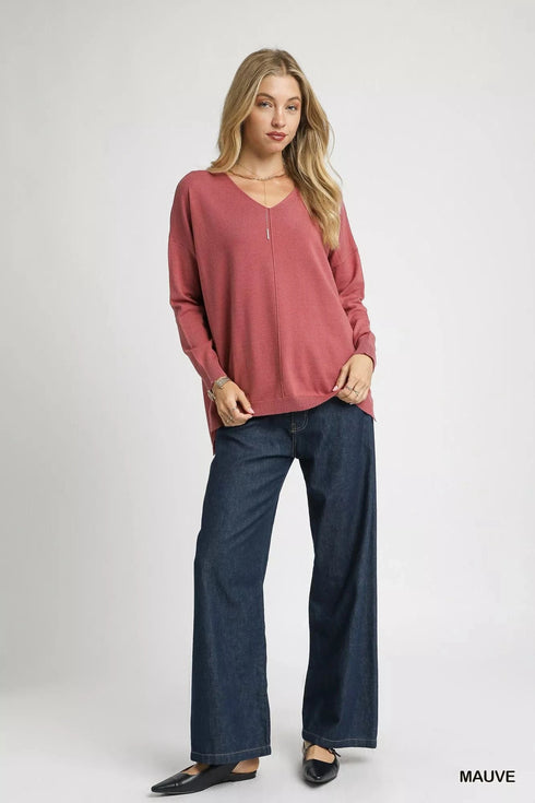 Umgee V-Neck High Low Hem Knit Top with Side Slit - Fashorio