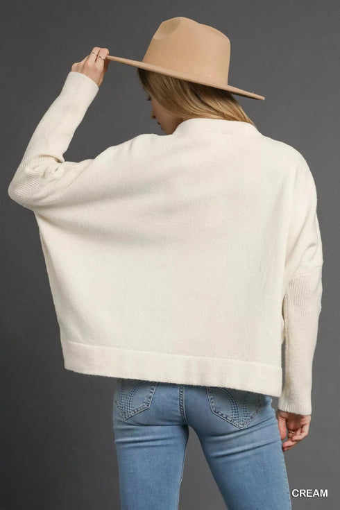 Umgee V-Neck Sweater with Wide Trim Detail - Fashorio