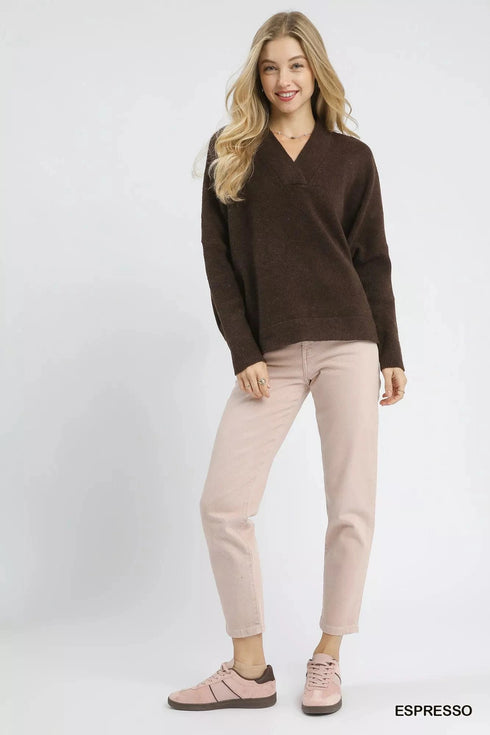 Umgee V-Neck Sweater with Wide Trim Detail - Fashorio