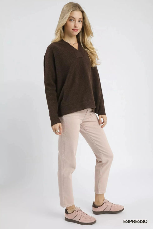 Umgee V-Neck Sweater with Wide Trim Detail - Fashorio