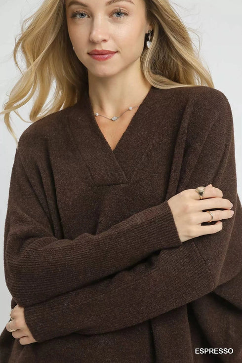 Umgee V-Neck Sweater with Wide Trim Detail - Fashorio
