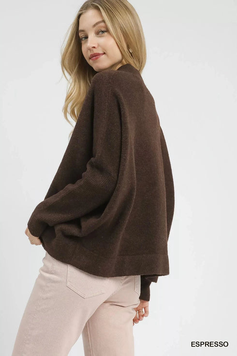 Umgee V-Neck Sweater with Wide Trim Detail - Fashorio