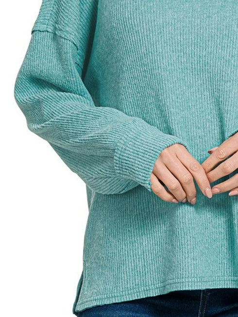 Zenana Brushed Ribbed Hacci Drop Shoulder Sweater - Fashorio