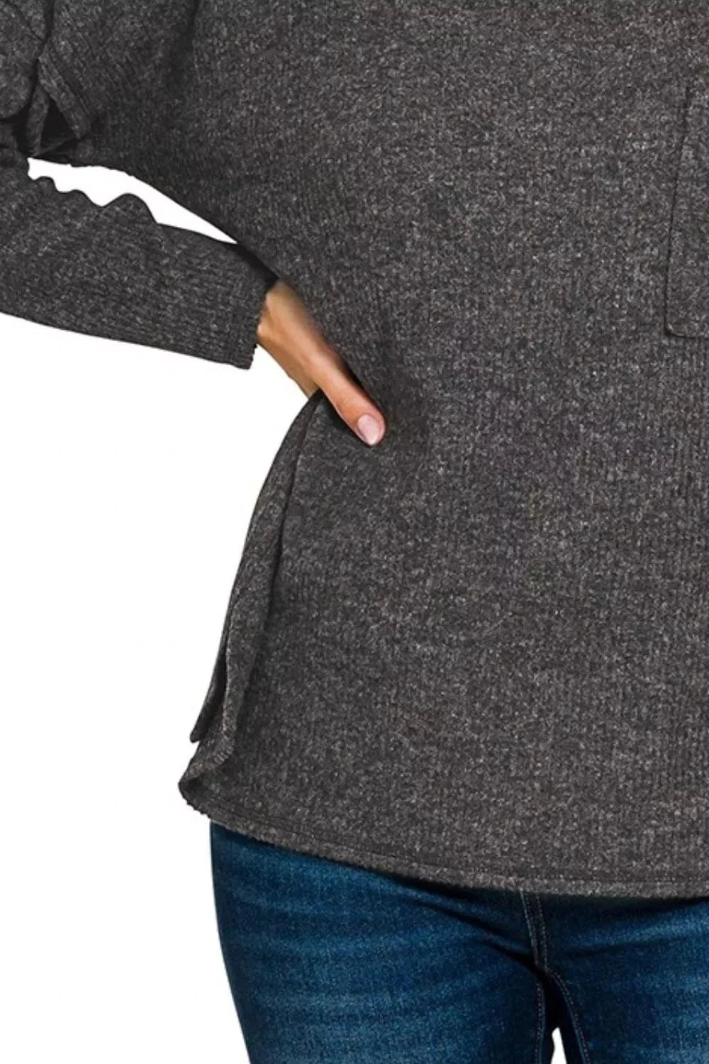 Zenana Ribbed Brushed Melange Hacci Sweater with Chest Pocket - Fashorio
