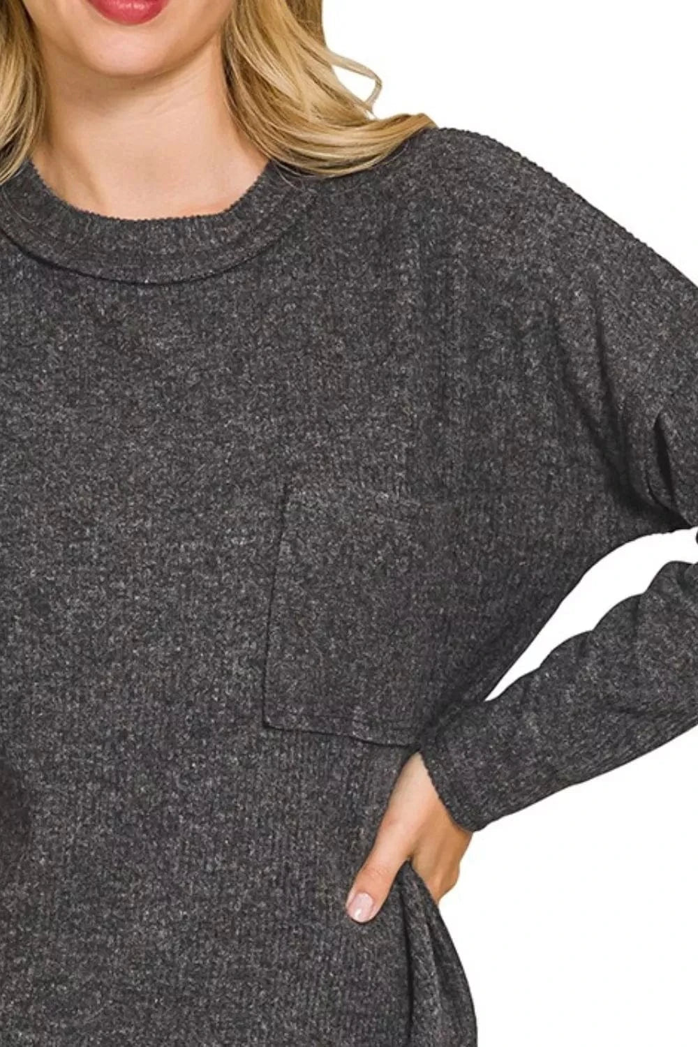 Zenana Ribbed Brushed Melange Hacci Sweater with Chest Pocket - Fashorio