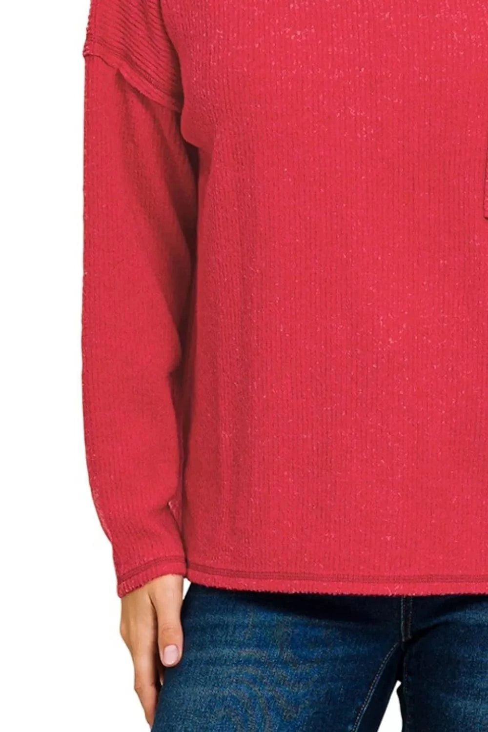 Zenana Ribbed Brushed Melange Hacci Sweater with Chest Pocket - Fashorio