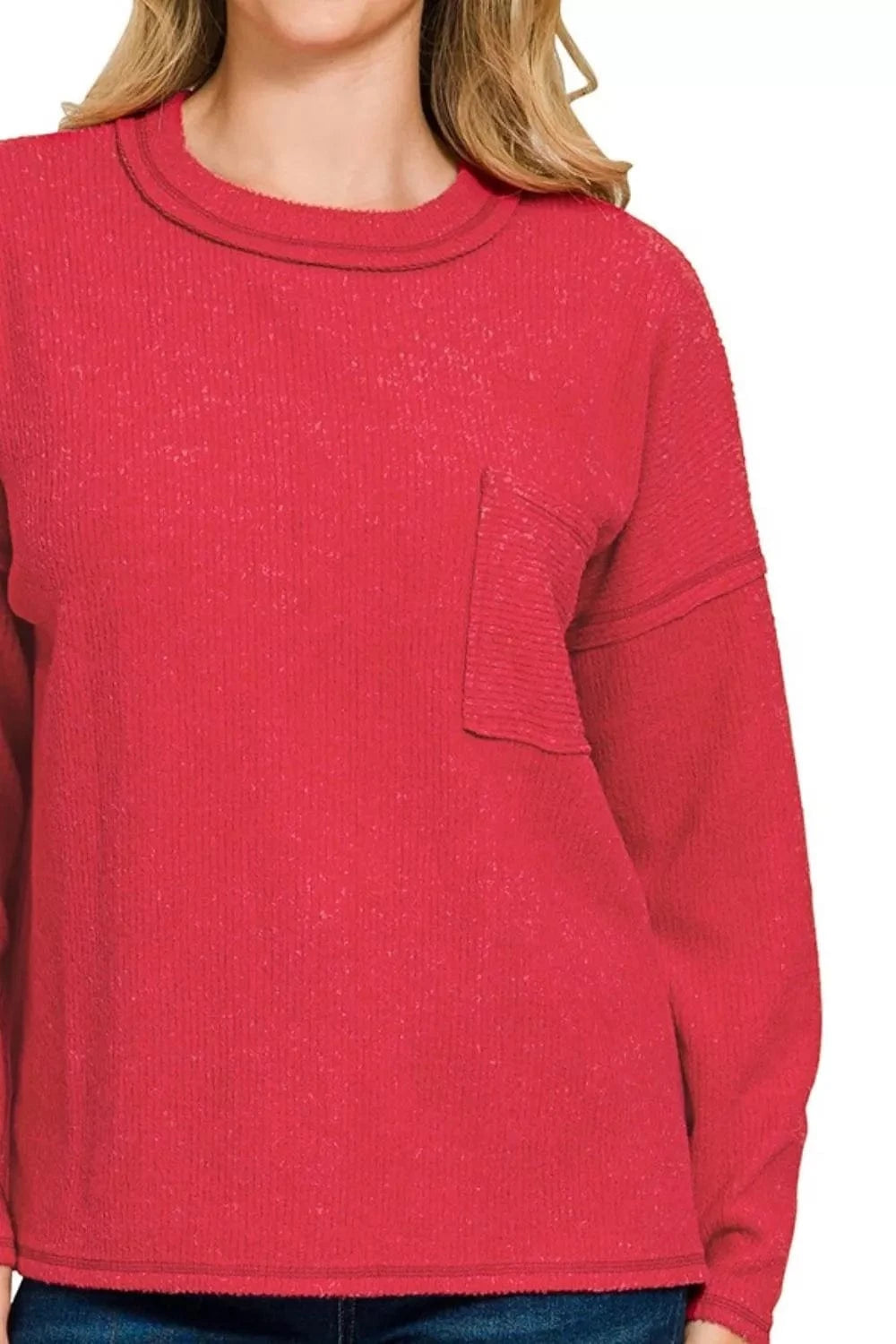 Zenana Ribbed Brushed Melange Hacci Sweater with Chest Pocket - Fashorio