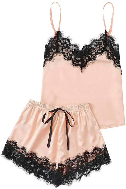 Fashorio Lace Detail Spaghetti Strap Top and Shorts Lounge Set