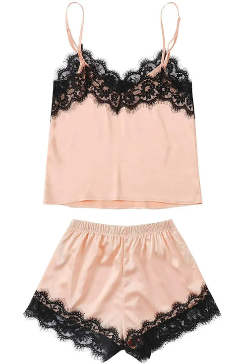 Fashorio Lace Detail Spaghetti Strap Top and Shorts Lounge Set