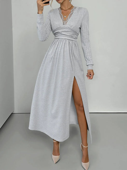 Fashorio Lace Detail V-Neck Maxi Dress with Side Slit