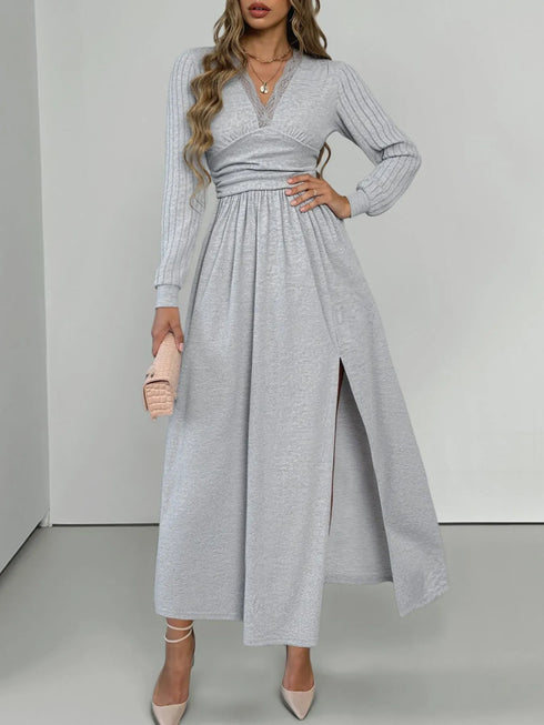 Fashorio Lace Detail V-Neck Maxi Dress with Side Slit