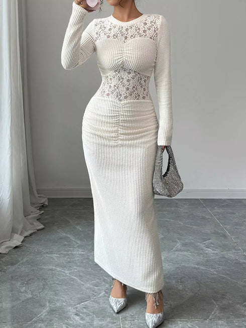 Fashorio Lace Panel Ruched Bodycon Maxi Dress
