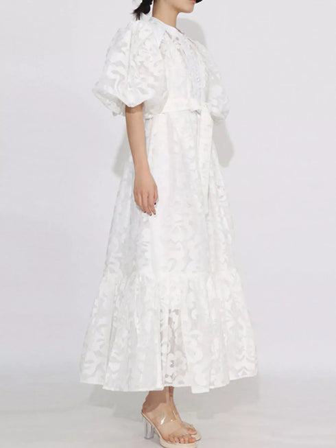 Fashorio Lace Puff Sleeve Tie Waist Maxi Dress