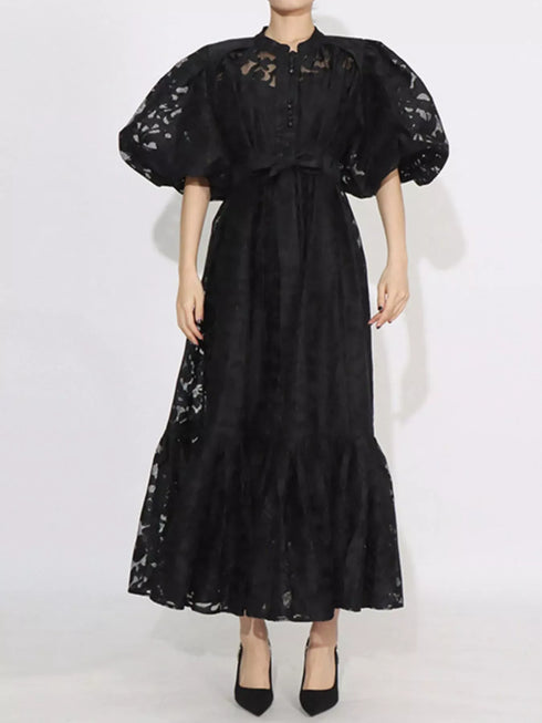 Fashorio Lace Puff Sleeve Tie Waist Maxi Dress