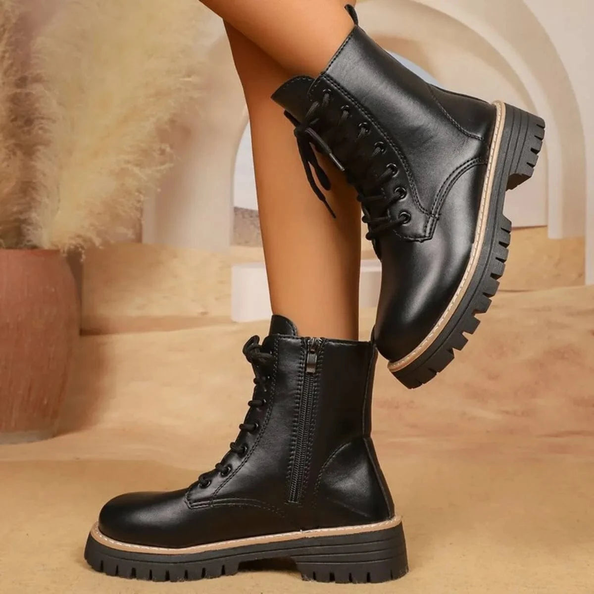 Lace Up Leather Combat Boots with Chunky Sole - Fashorio