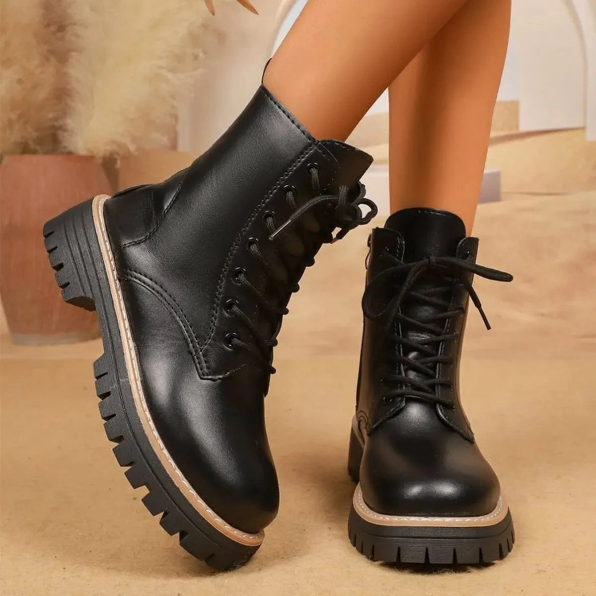 Lace Up Leather Combat Boots with Chunky Sole - Fashorio